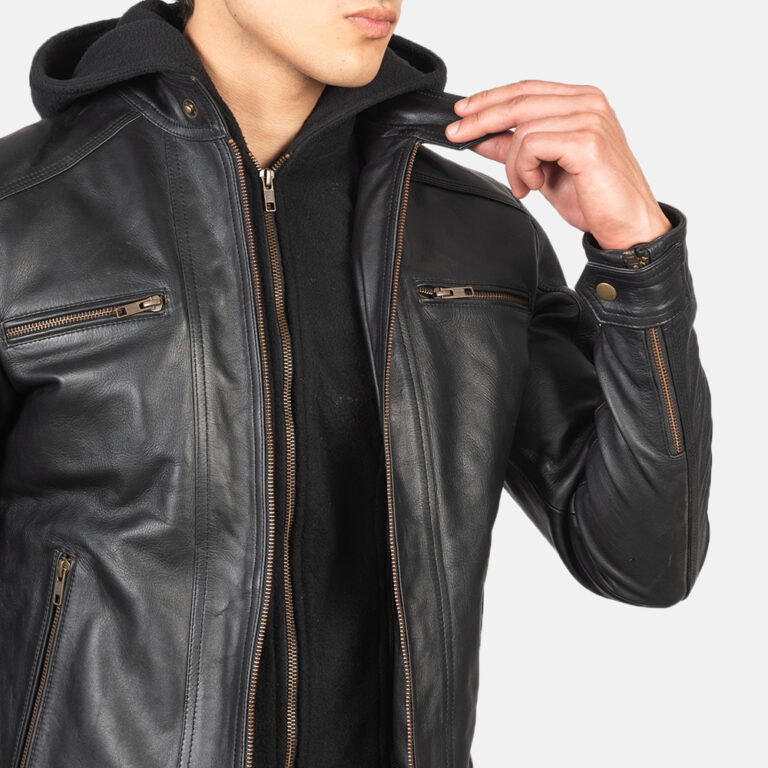 Mens Hector Black Hooded Leather Biker Jacket Close-Up-9-1634128501302